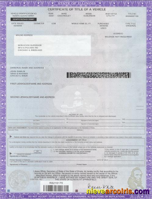 USA state Illinois certificate of title of a vehicle